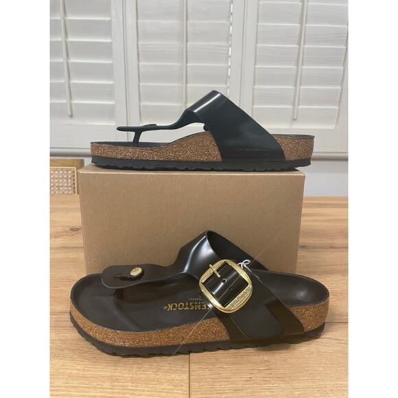 Birkenstock Women's Gizeh Big Buckle Slide Sandal Black Gold Size 8 39 EU NWOT - Picture 5 of 12